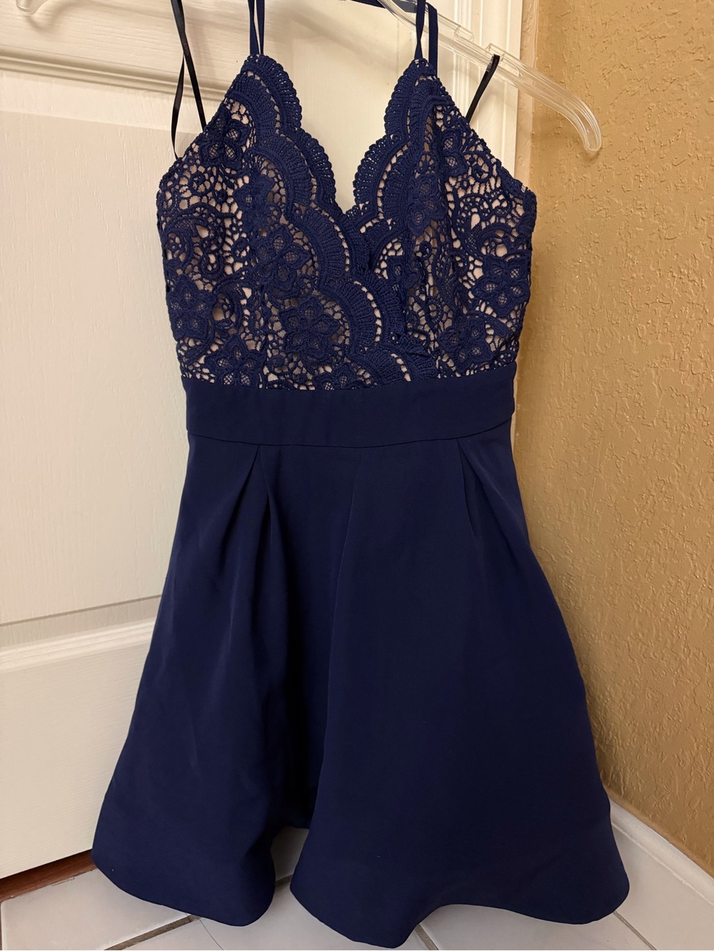 Women’s  Navy Lace Bodice Spaghetti Strap Formal Dress